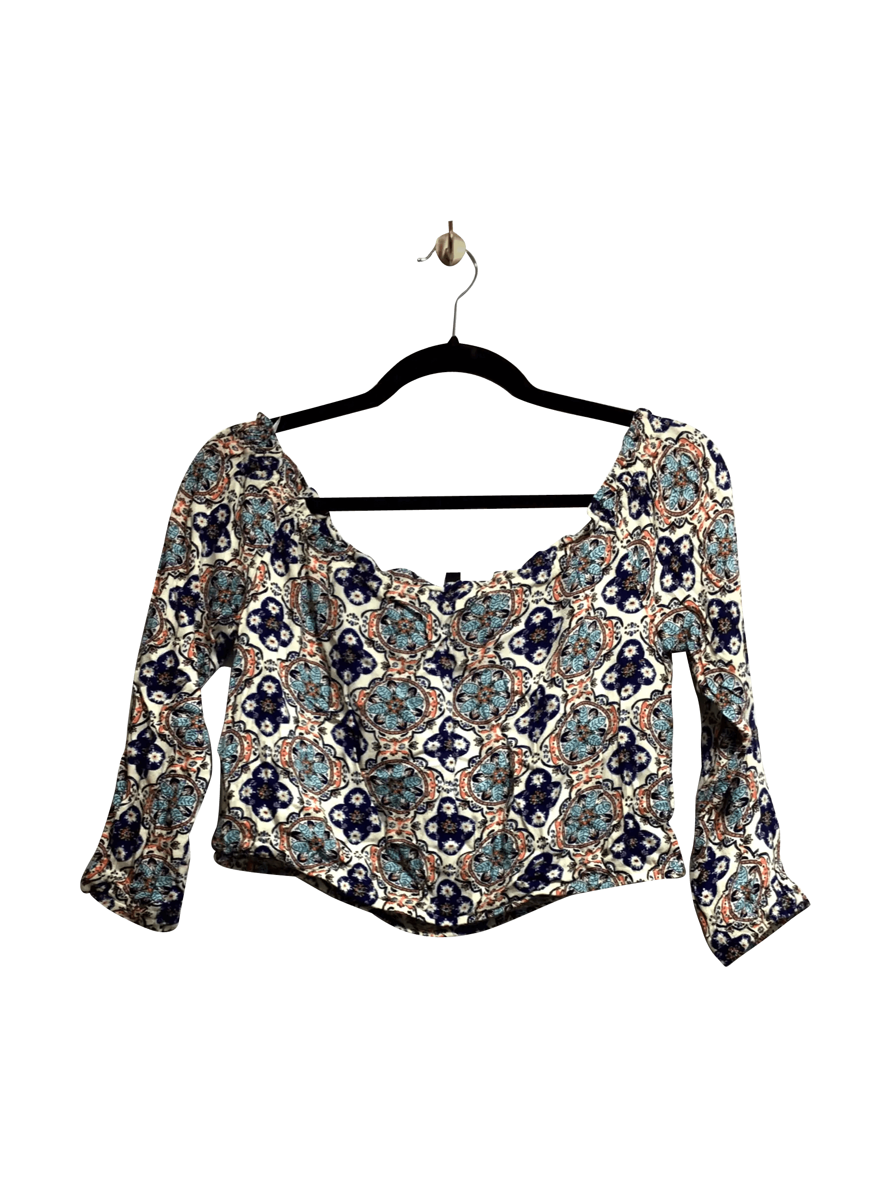 H&M Second Hand Regular Fit Long Sleeve Scoop Neck Crop Top in Beige - Size 12