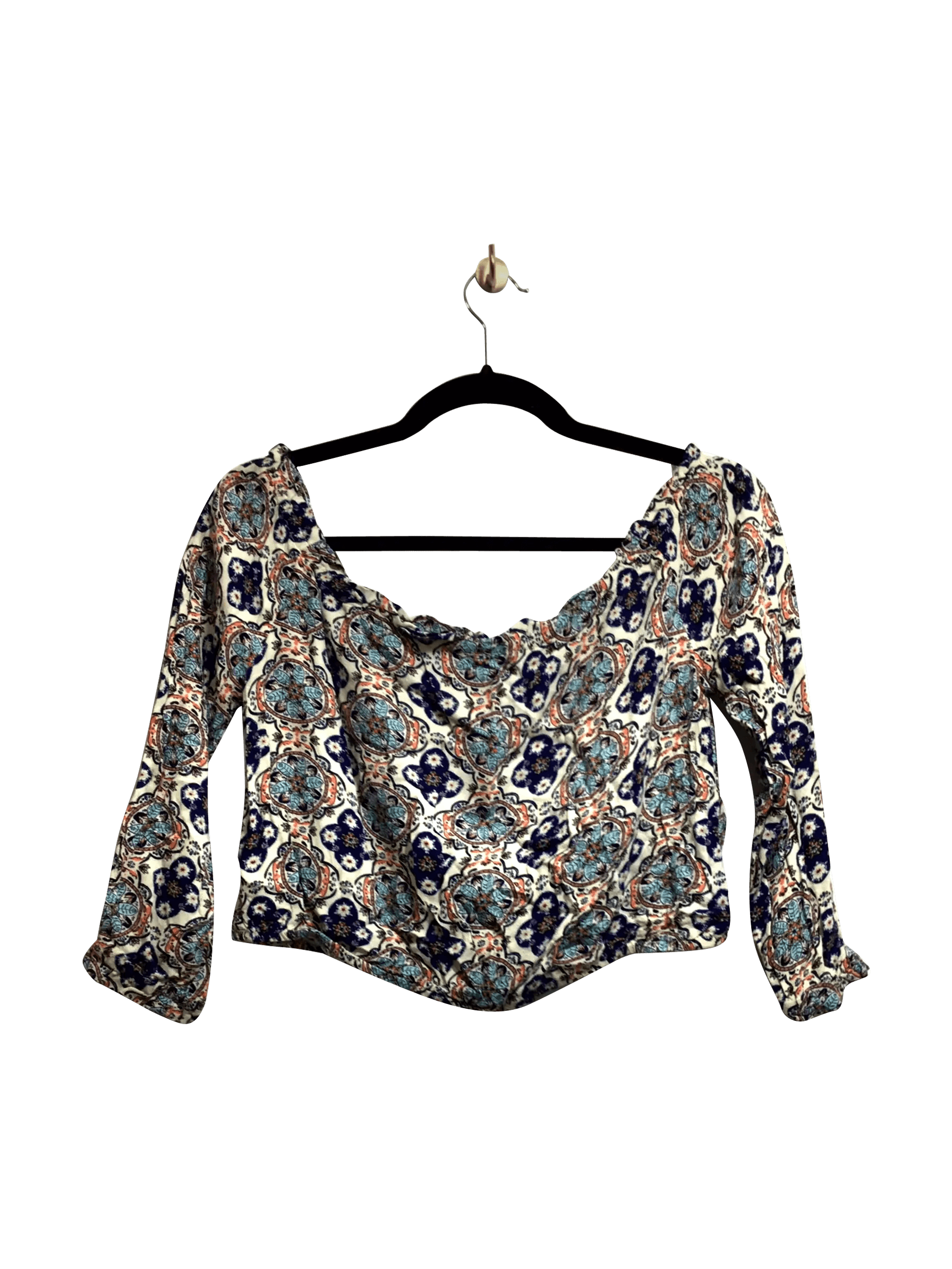 H&M Second Hand Regular Fit Long Sleeve Scoop Neck Crop Top in Beige - Size 12