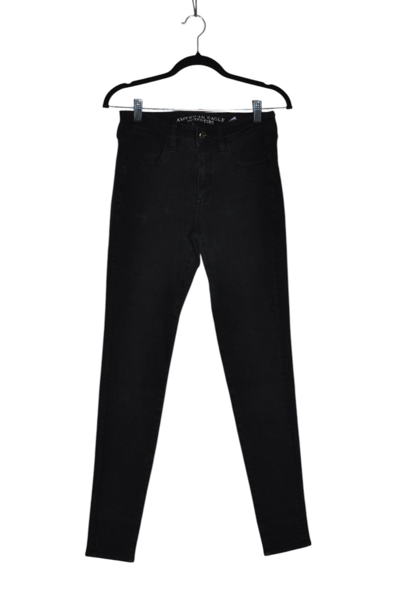 Pre - owned AMERICAN EAGLE Women's Stylish Black Regular - fit Straight - Legged Jeans in Size 4