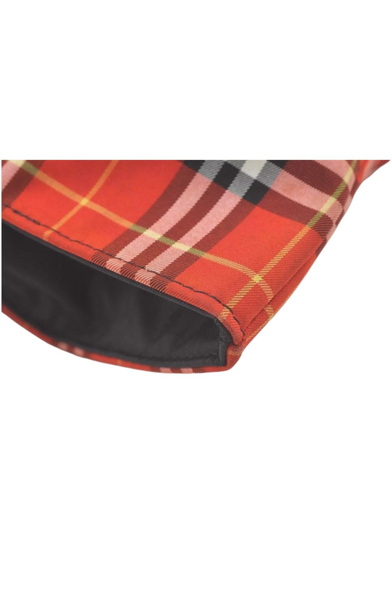 Burberry BLUE LABEL Iconic Check Pattern Red Nylon Leather Shoulder Tote Bag 9373K