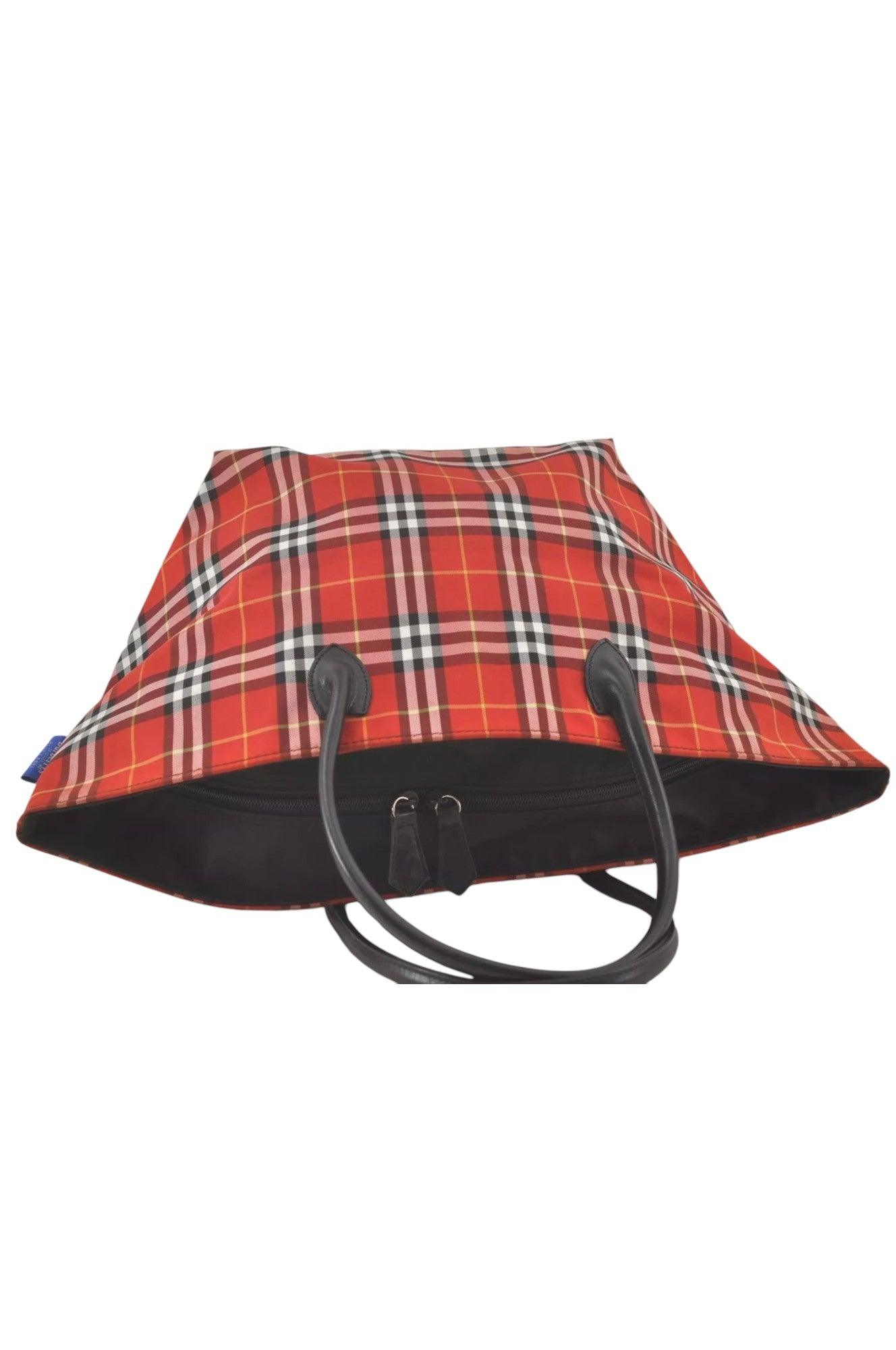 Burberry BLUE LABEL Iconic Check Pattern Red Nylon Leather Shoulder Tote Bag 9373K