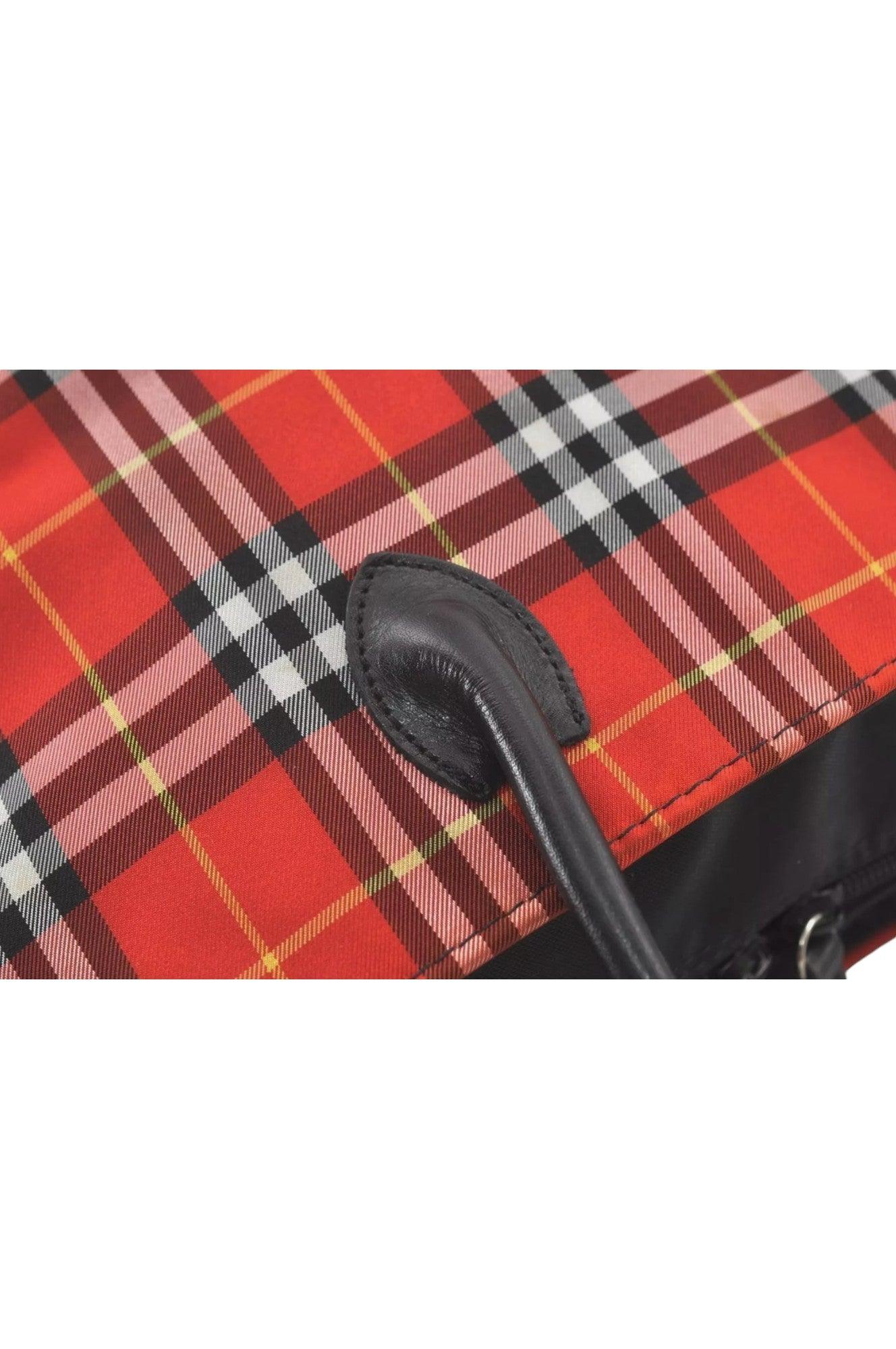 Burberry BLUE LABEL Iconic Check Pattern Red Nylon Leather Shoulder Tote Bag 9373K