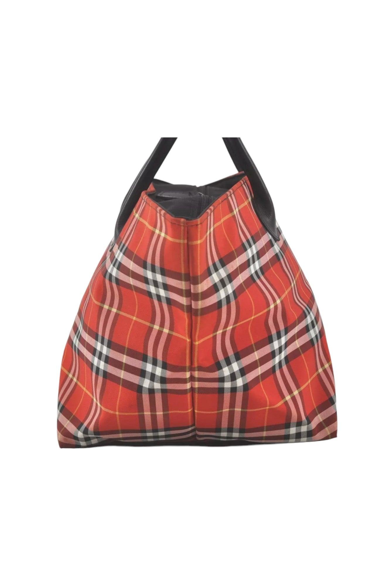 Burberry BLUE LABEL Iconic Check Pattern Red Nylon Leather Shoulder Tote Bag 9373K