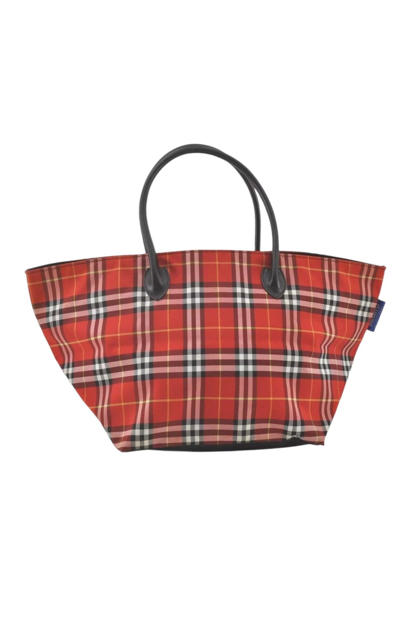 Burberry BLUE LABEL Iconic Check Pattern Red Nylon Leather Shoulder Tote Bag 9373K