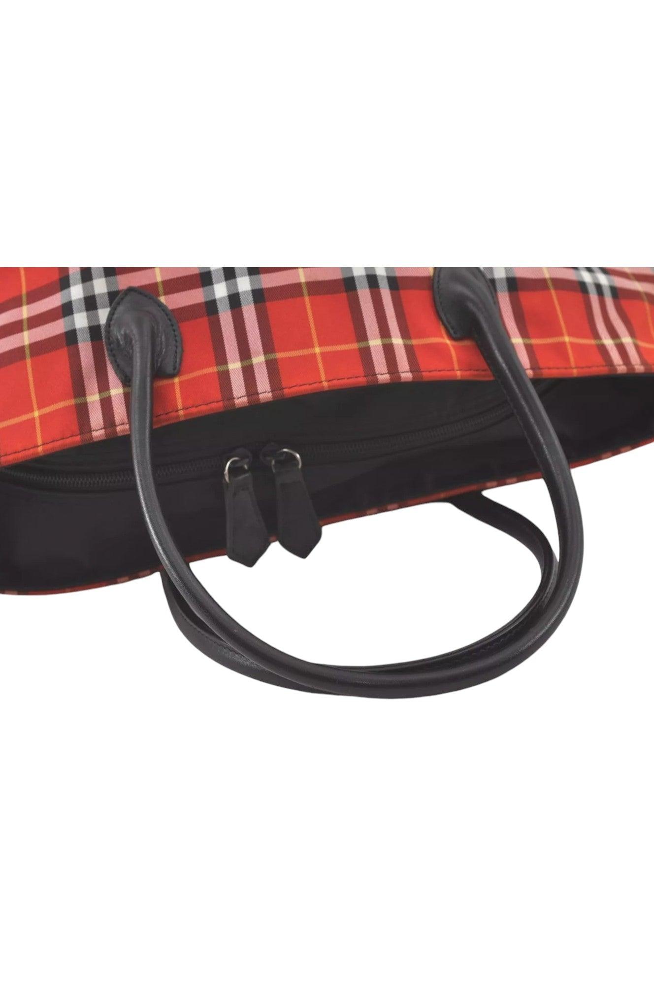 Burberry BLUE LABEL Iconic Check Pattern Red Nylon Leather Shoulder Tote Bag 9373K