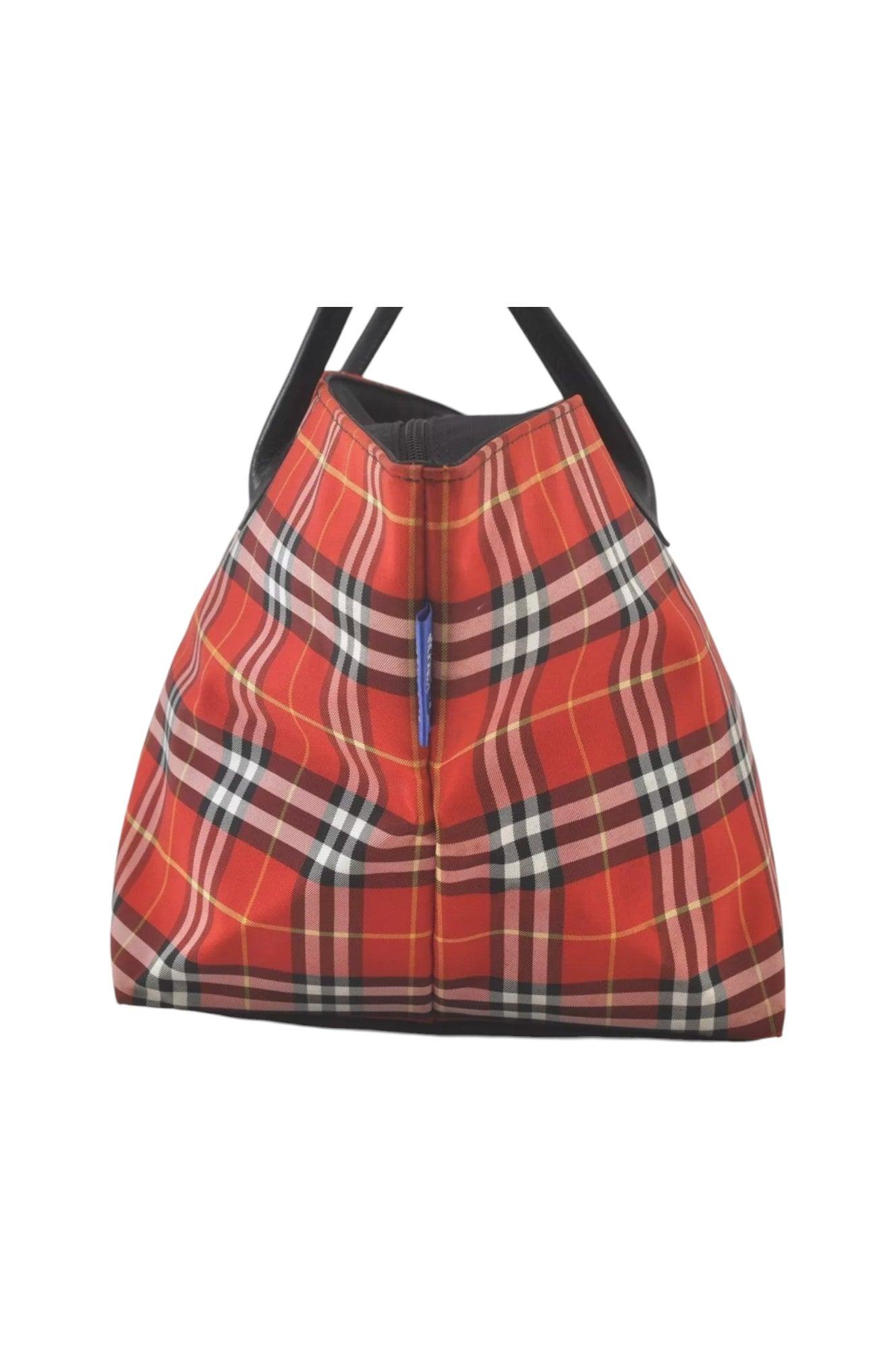 Burberry BLUE LABEL Iconic Check Pattern Red Nylon Leather Shoulder Tote Bag 9373K